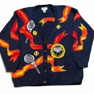 Vintage hand knitted picone sport tennis cottage core cardigan sweater large